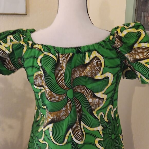 African Wax Print Green Floral Off-Shoulder Dress Handmade One of A Kind - Picture 7 of 11